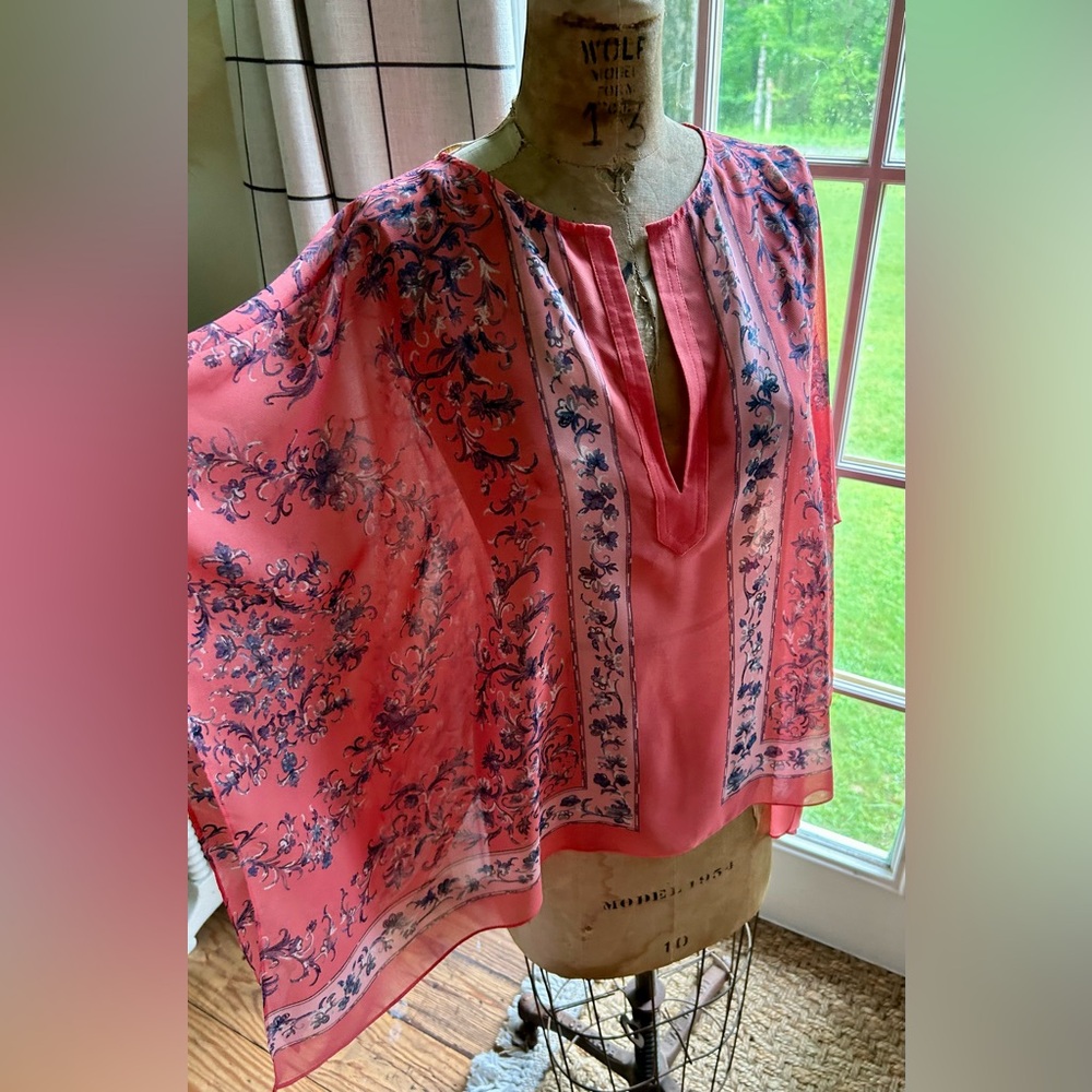BCBG Floral Coral & Blue Sheer Blouse *NWOT*